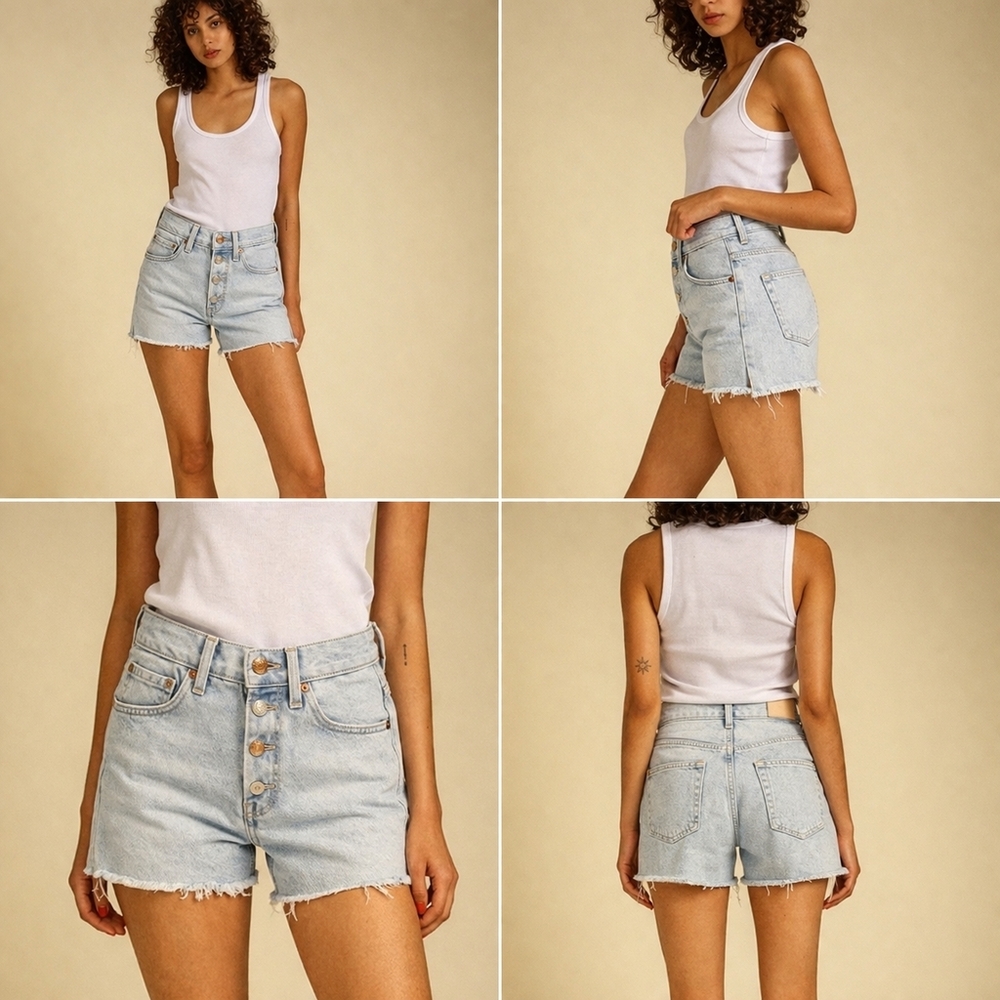 NWT Edwin Pale Blue High Rise Button Fly Cutoff Denim Shorts Raw Hem